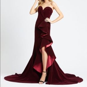 Mac Duggal Burgundy Ruffle Velvet Strapless Trumpet Gown - wedding/prom/formal
